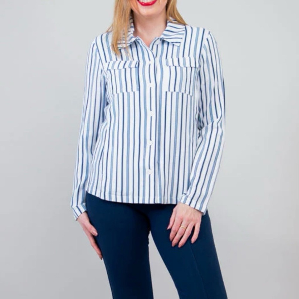 Blue Sky Bamboo Linen Blend Sailor Style Lauren Collared Button Up Top